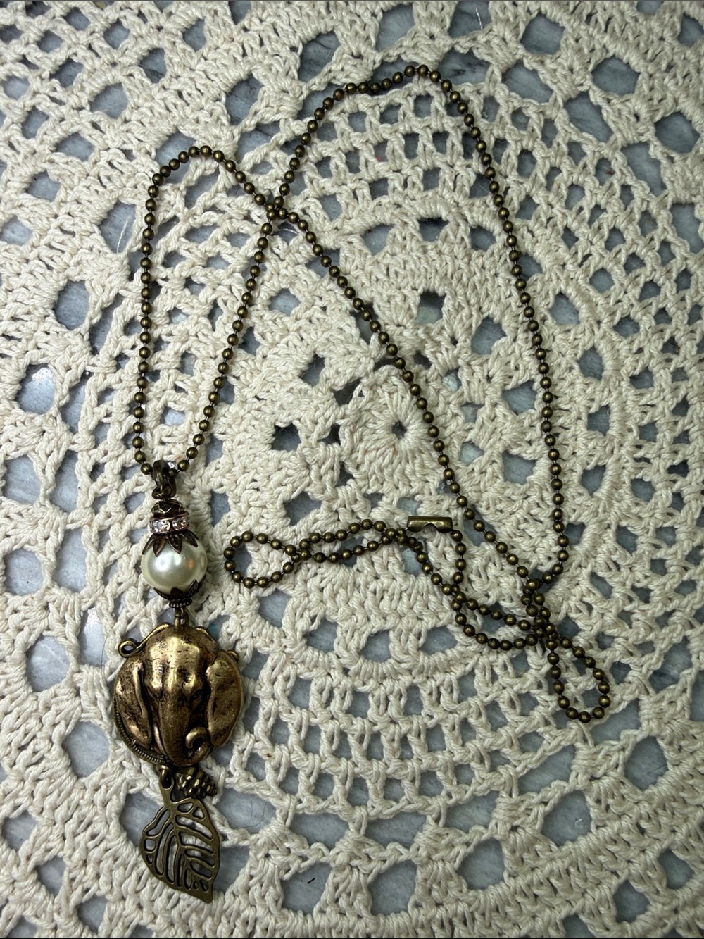 Vintage-Inspired Gold-Tone Elephant Pendant 26” Necklace with Pearl Accent
